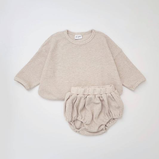 Baby Waffle Cotton Long Tee and Bloomer Set - Oat