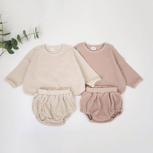 Baby Waffle Cotton Long Tee and Bloomer Set - Oat