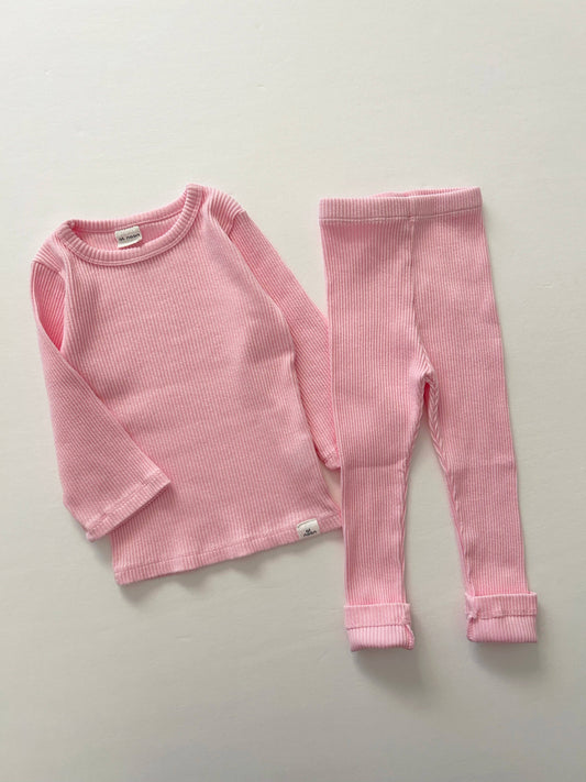 Ribbed Long Sleeve Top and Leggings Set - Pink