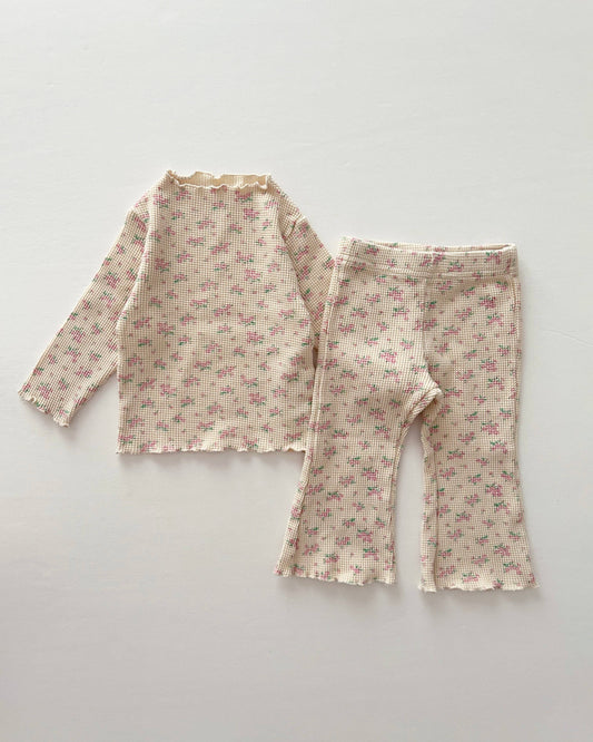 Kids Cozy Waffle Flare Pants - Pink Floral